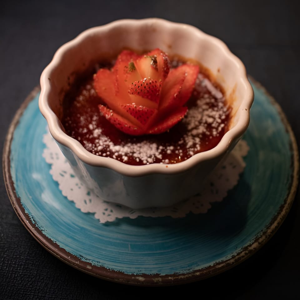 A Porto Salvo Italian dessert, possibly a panna cotta, topped with a strawberry flower and powdered sugar.