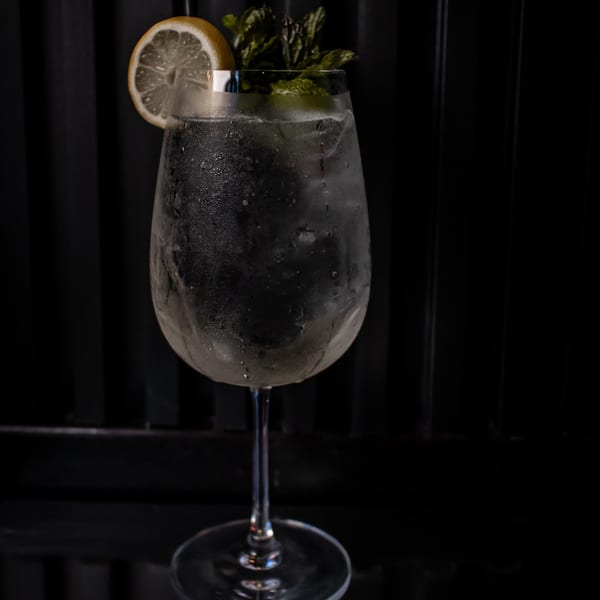 A frosty glass of clear drink with a lemon slice and mint garnish against a dark background.