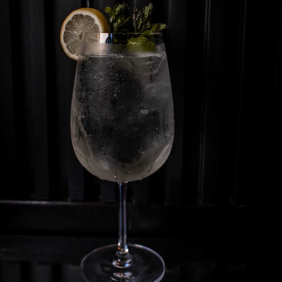 A frosty glass of clear drink with a lemon slice and mint garnish against a dark background.